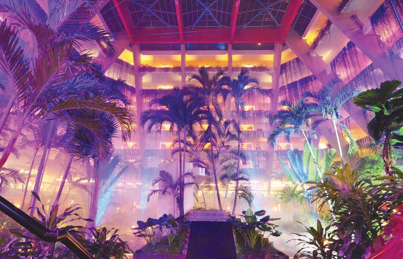 Lobby with night lighting at The Pyramid at Grand Oasis hotel