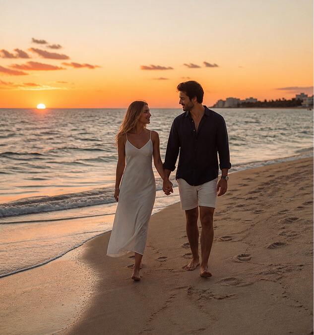 Couple walking on the beach at sunset